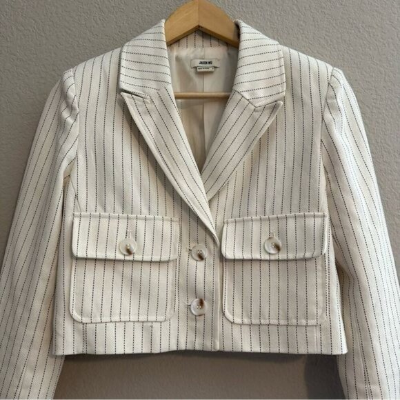 JASON WU Pin Stripped Cropped Jacket with Pockets in Cream SZ Small Blazer - Picture 4 of 12